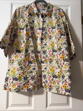 Button-Down Floral Print Women’s Shirt - White with Multicolor Flowers